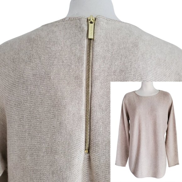 MICHAEL KORS NWT Gold Back Zipper Long Tunic Sweater Top Oatmeal Heather Color M - Picture 1 of 14